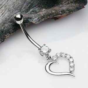 14 Karat White Gold Journey Sparkle Heart Dangle Belly Button Ring